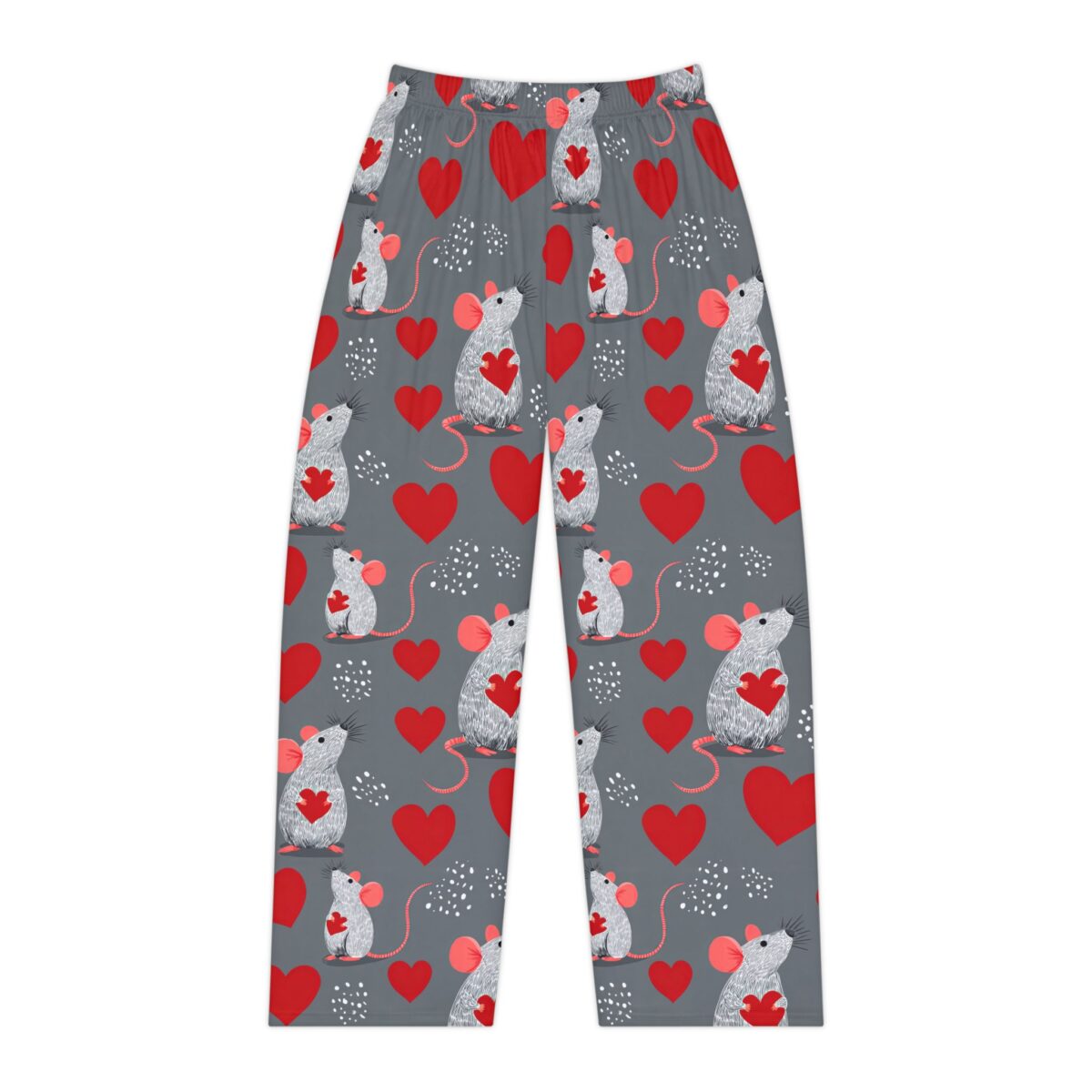 Grey all over print pajama pants featuring a cute mouse character holding a red heart graphic and scattered red hearts.