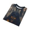 All over print t-shirt features a grim reaper with glowing orange eyes and fire details in a dark forest setting.