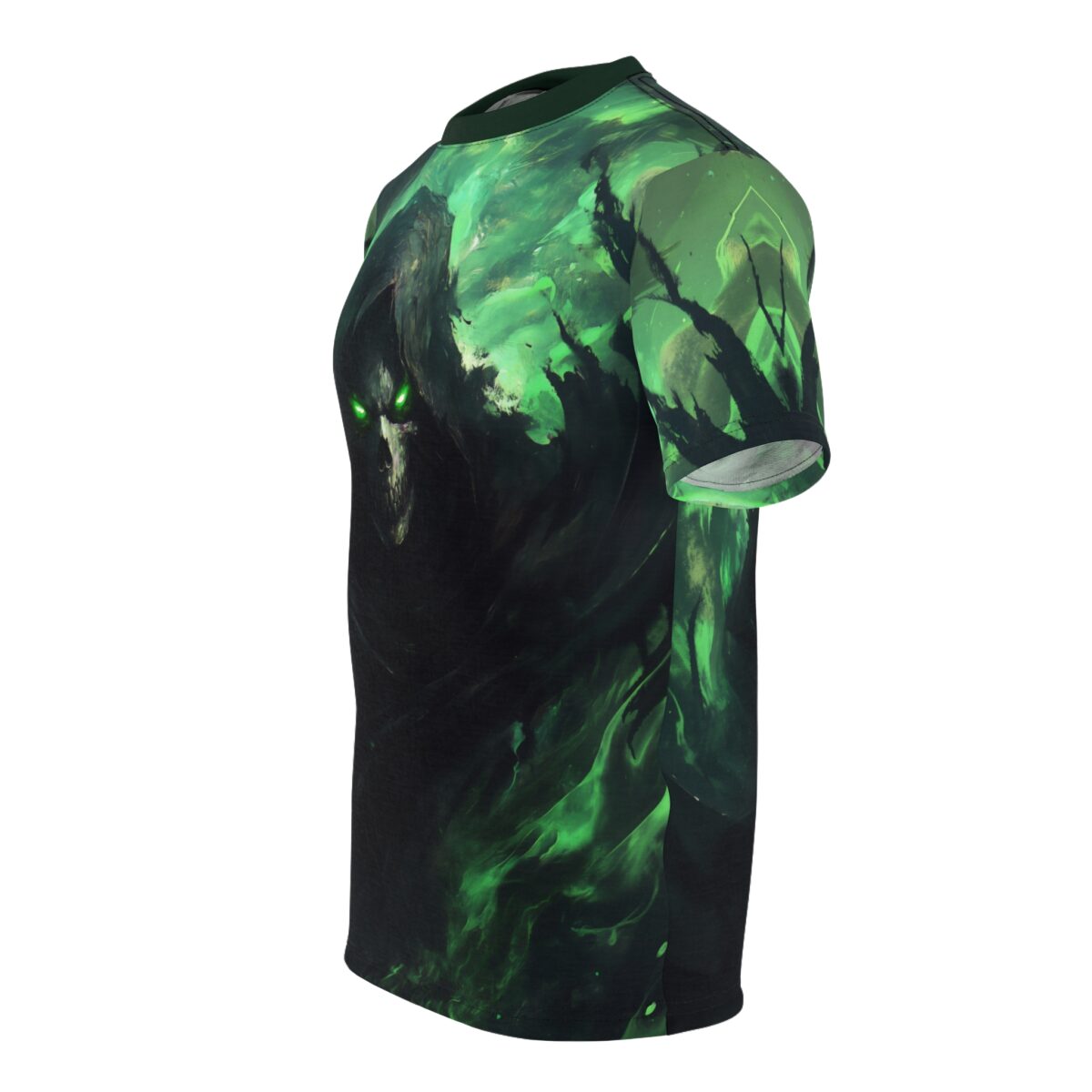All over print sublimation tee featuring a dark grim reaper with glowing green eyes and green smoky effects.