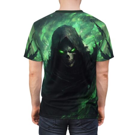 Grim Reaper all over print sublimation tee, featuring glowing green eyes and dark smoke graphic on black.