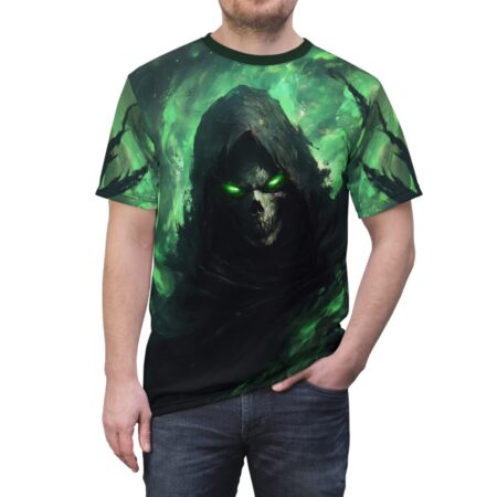 Grim Reaper all over print sublimation tee with glowing green eyes and dark smoke design.