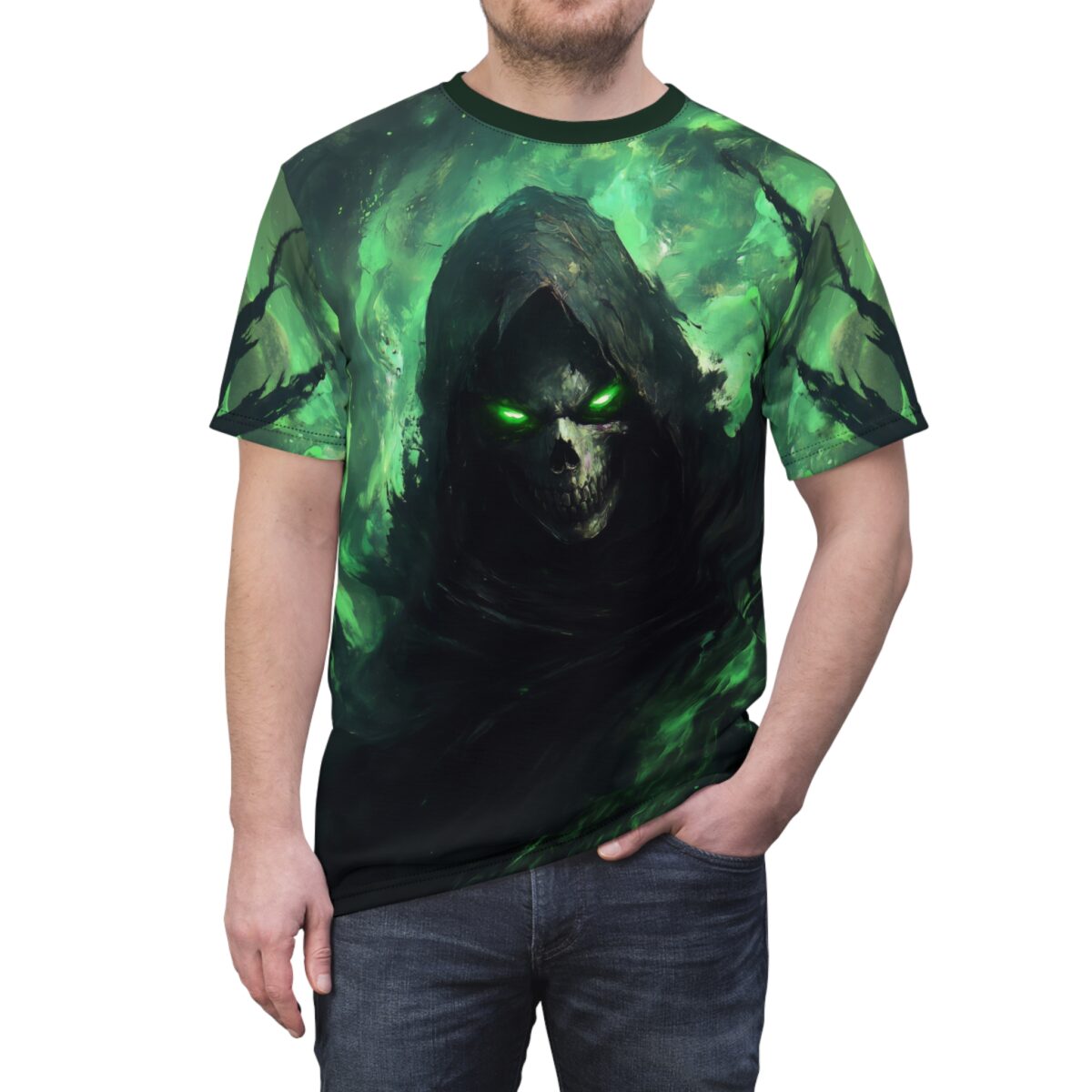 Grim Reaper all over print sublimation tee with glowing green eyes and dark smoke design.