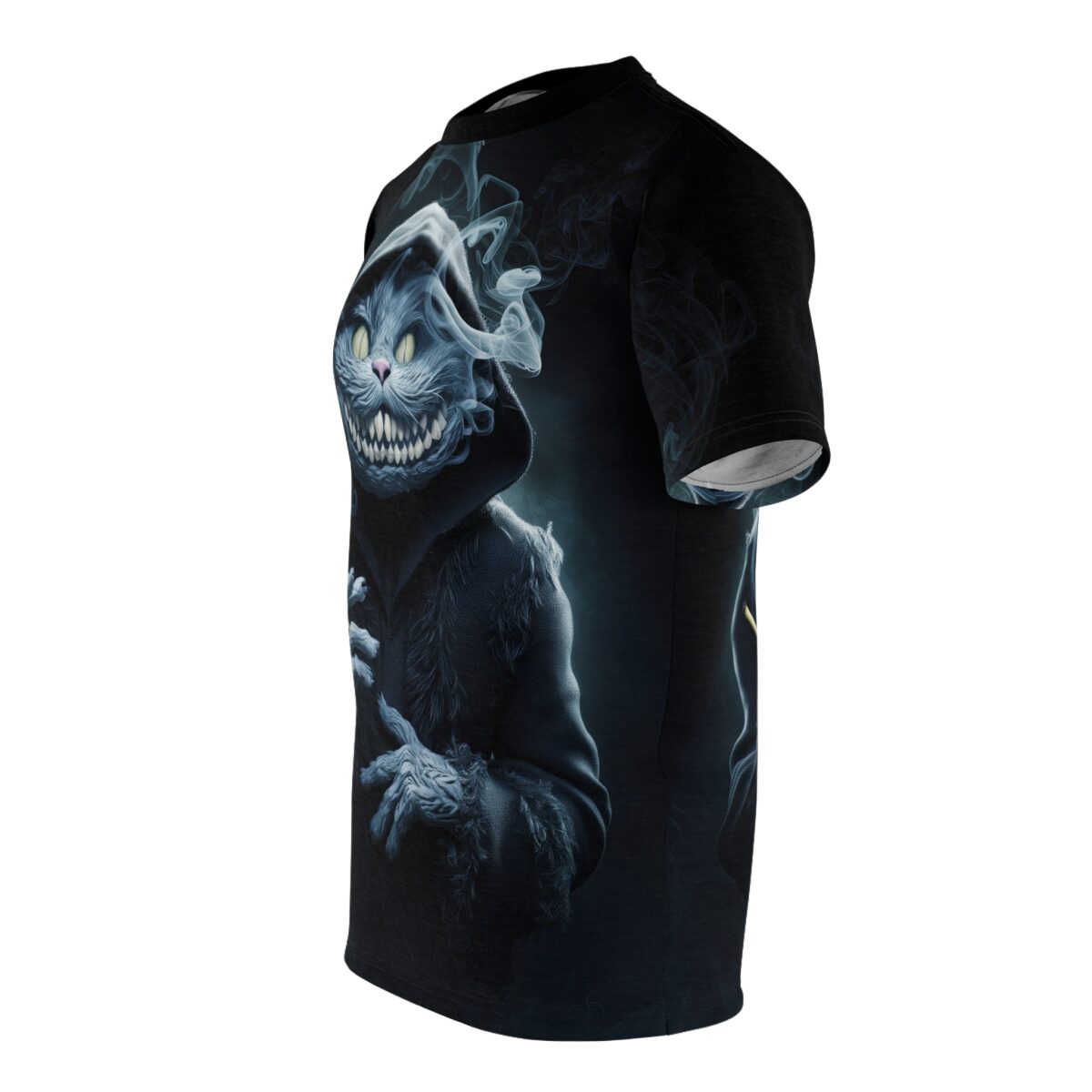 Creepy Cheshire cat in a grim reaper hoodie, surrounded by smoke, on a black sublimation tee.