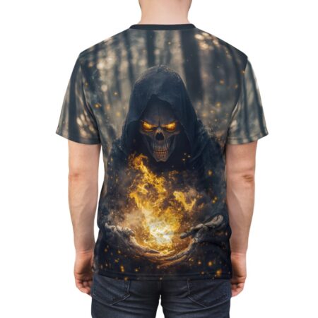 All over print sublimation tee with grim reaper holding fire, glowing eyes, and dark forest background graphic.