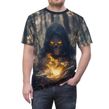 All over print sublimation tee featuring a grim reaper with glowing orange eyes holding fire in a forest setting.