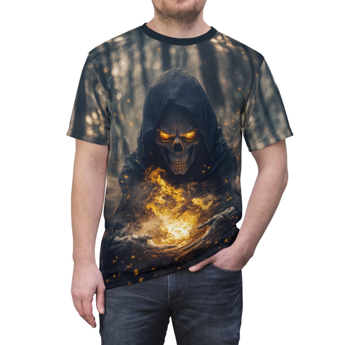 All over print sublimation tee featuring a grim reaper with glowing orange eyes holding fire in a forest setting.