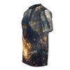 All over print sublimation tee featuring a grim reaper with glowing eyes holding a fiery orb, surrounded by smoke and sparks.