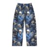 Dark floral pajama pants featuring a repeating Grim Reaper skull motif with blue flowing robes and cream-colored flowers.