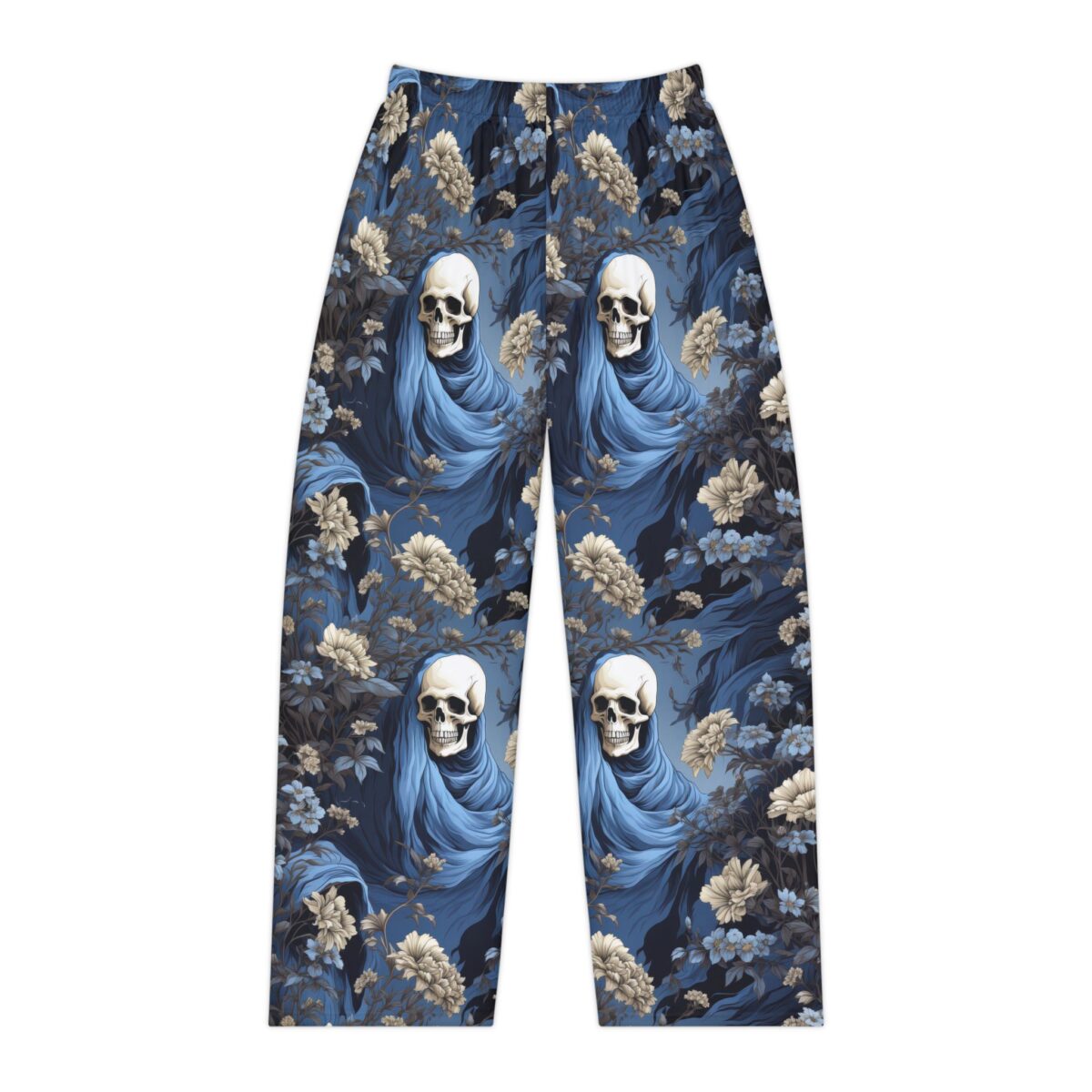 Dark floral pajama pants featuring a repeating Grim Reaper skull motif with blue flowing robes and cream-colored flowers.