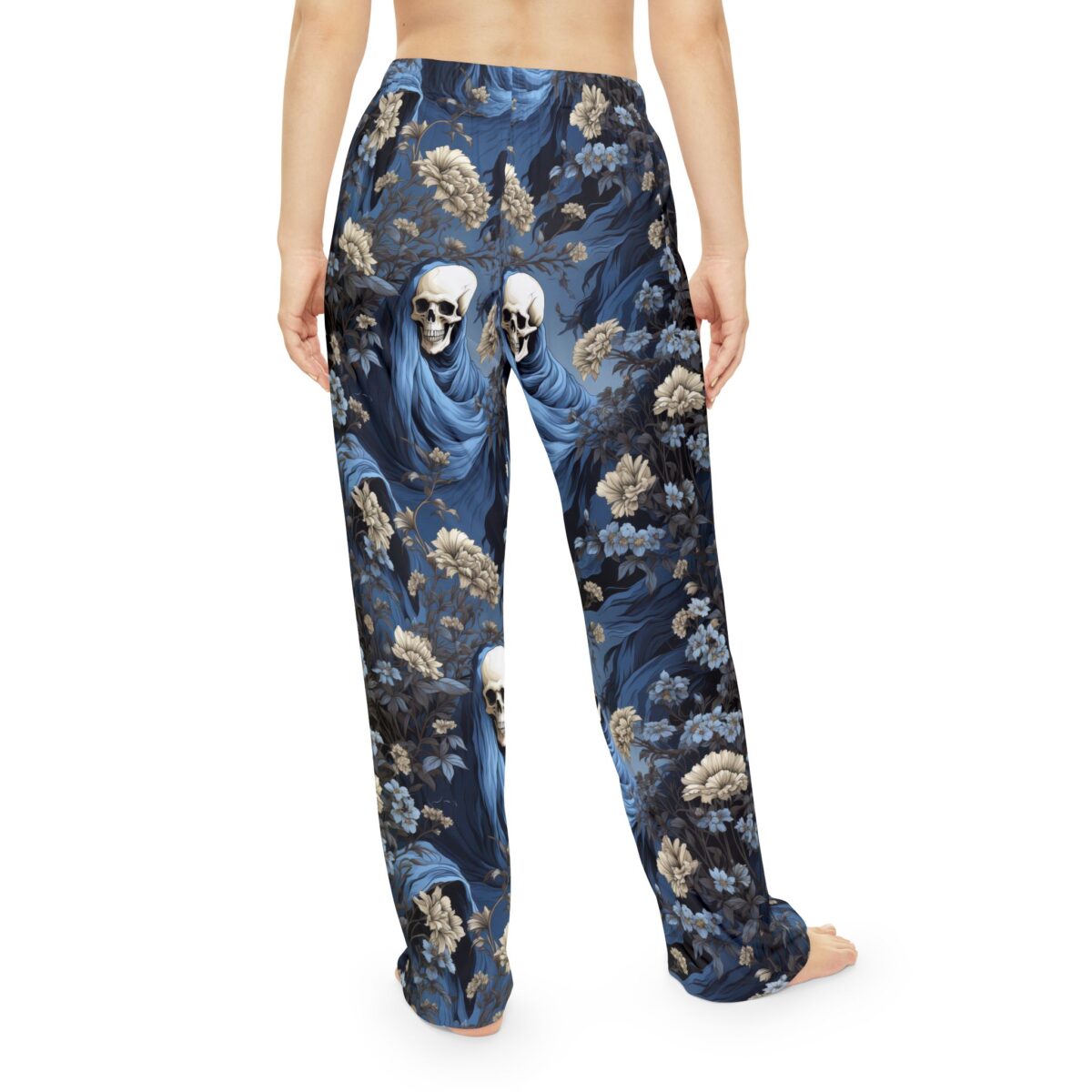 Skull grim reaper graphic sublimation pajama pants with a vintage pattern floral print in blue and cream.