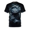 Grinning Cheshire cat in hoodie with smoke, all over print sublimation tee featuring a dark, trippy festival graphic.