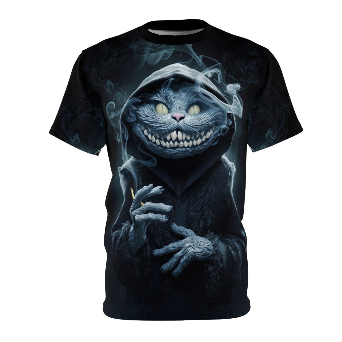 Grinning Cheshire cat in hoodie with smoke, all over print sublimation tee featuring a dark, trippy festival graphic.