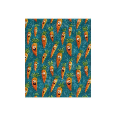Seamless all over print sublimation tee featuring a retro pattern of smiling cartoon carrots on a textured teal background.