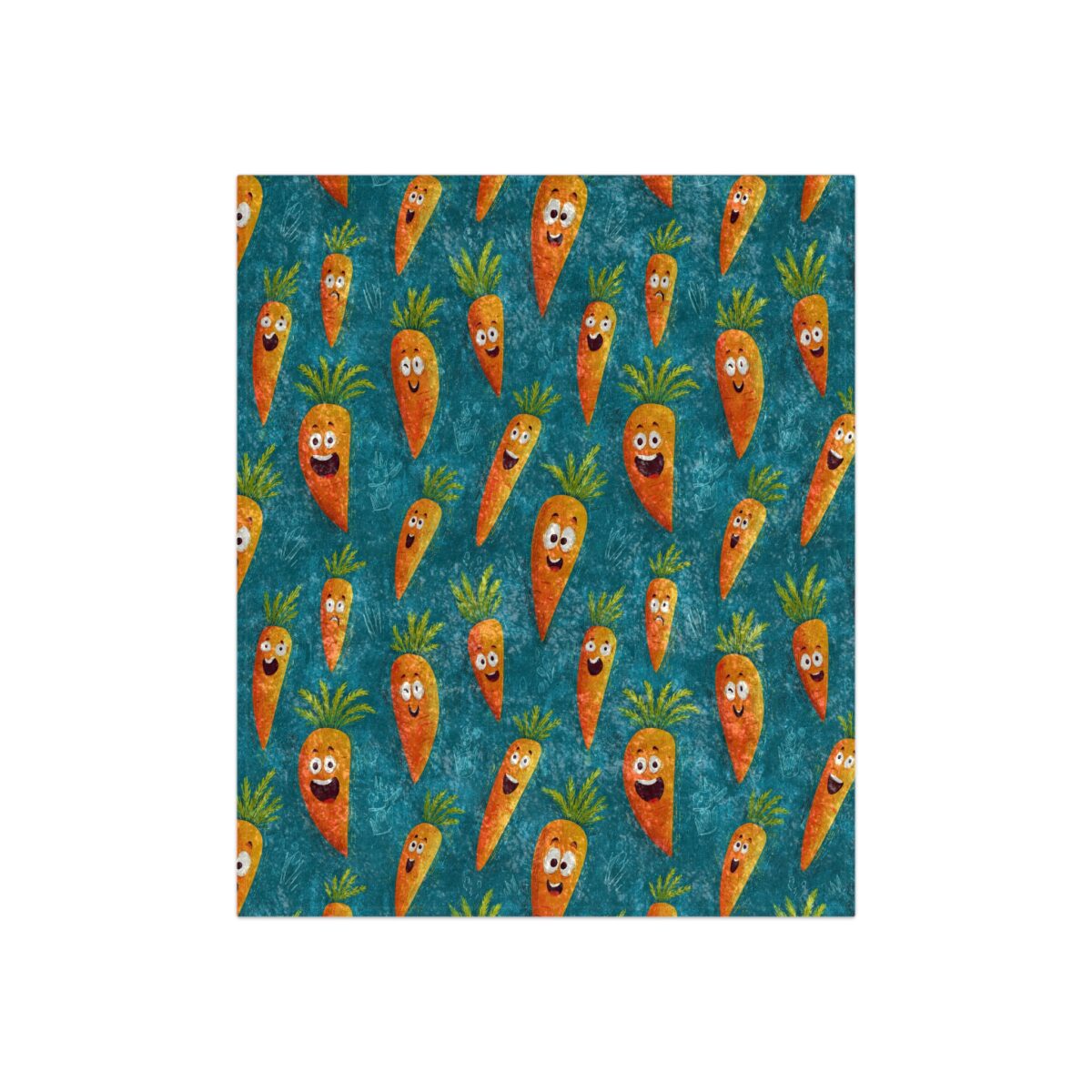 Seamless all over print sublimation tee featuring a retro pattern of smiling cartoon carrots on a textured teal background.