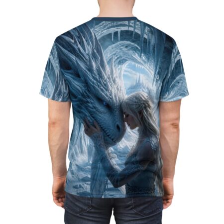 All over print sublimation tee featuring a white ice dragon embracing a blonde princess in a frosty castle setting.