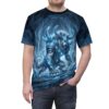 All over print sublimation tee featuring an armored ice werewolf in a frozen cave with glowing blue runes and ice crystals.