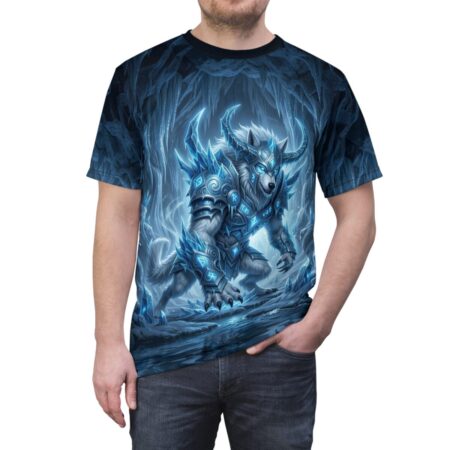 All over print sublimation tee featuring an armored ice werewolf in a frozen cave with glowing blue runes and ice crystals.