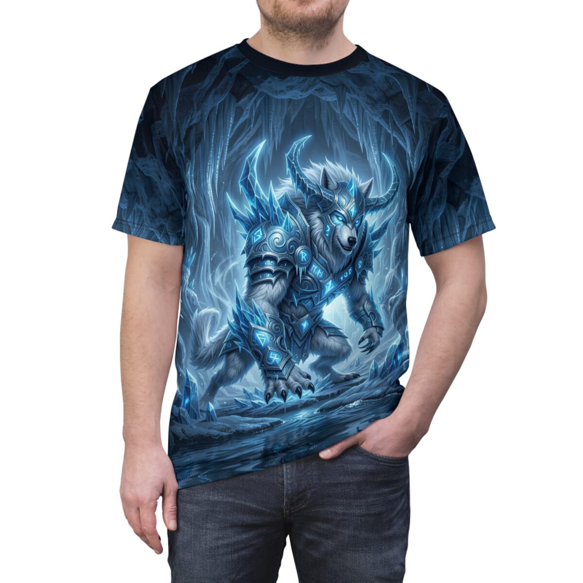 All over print sublimation tee featuring an armored ice werewolf in a frozen cave with glowing blue runes and ice crystals.