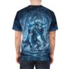 All over print sublimation tee featuring an ice wolf warrior in blue armor within a frozen cave setting.