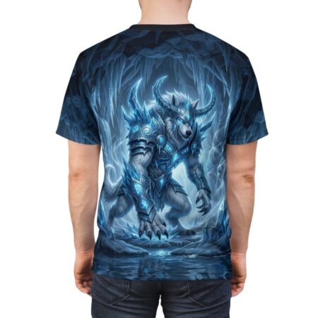 All over print sublimation tee featuring an ice wolf warrior in blue armor within a frozen cave setting.