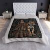 Luxury throw blanket with Indian woman in ornate dress and tiger in lush jungle. Intricate patterns and wildlife art.