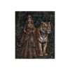 Regal Indian woman in ornate attire and a tiger stand in a lush, dark jungle with butterflies and foliage.
