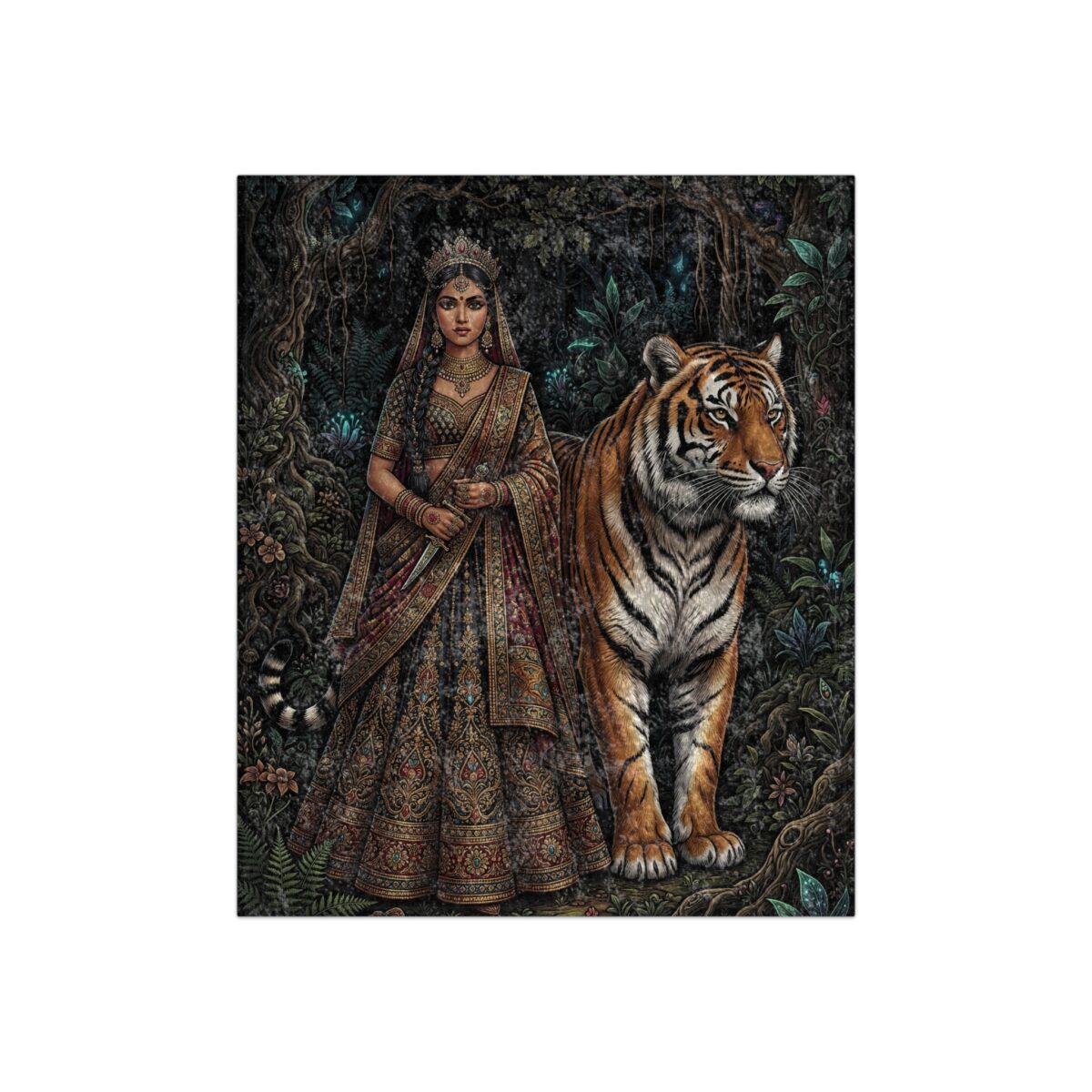 Regal Indian woman in ornate attire and a tiger stand in a lush, dark jungle with butterflies and foliage.