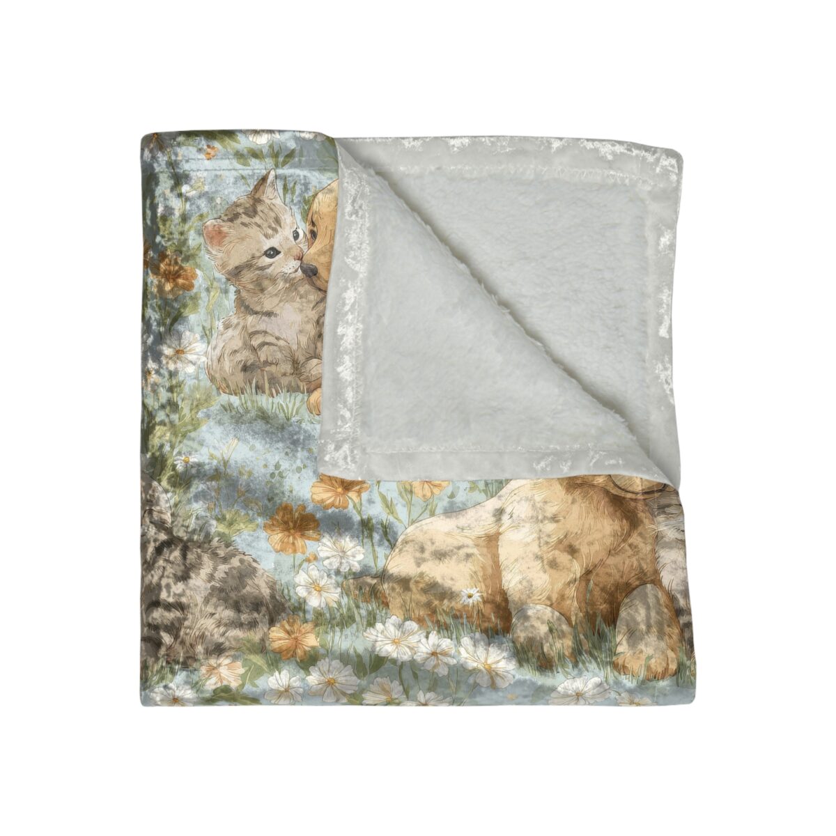 Cute kittens and dog lounging in a floral meadow. Watercolor print blanket with soft fleece backing.