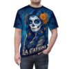 La Catrina sugar skull graphic all over print sublimation tee features a woman with blue hair, intricate face paint, and orange flowers.
