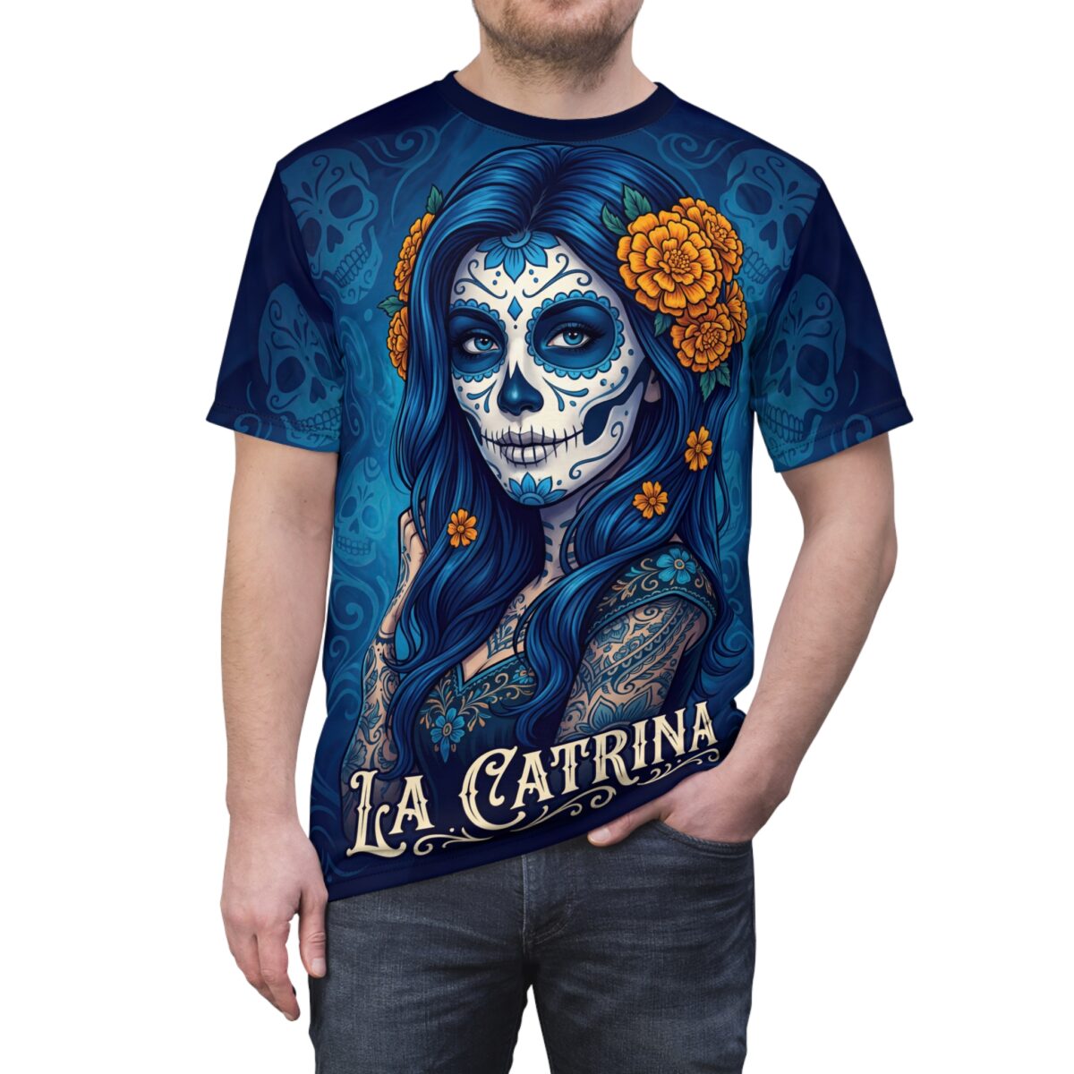 La Catrina sugar skull graphic all over print sublimation tee features a woman with blue hair, intricate face paint, and orange flowers.