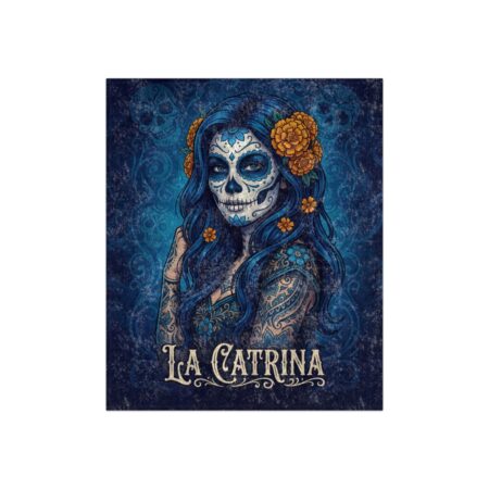 La Catrina sugar skull woman adorned with marigold flowers and intricate tattoos, dark blue background with subtle skull motifs.