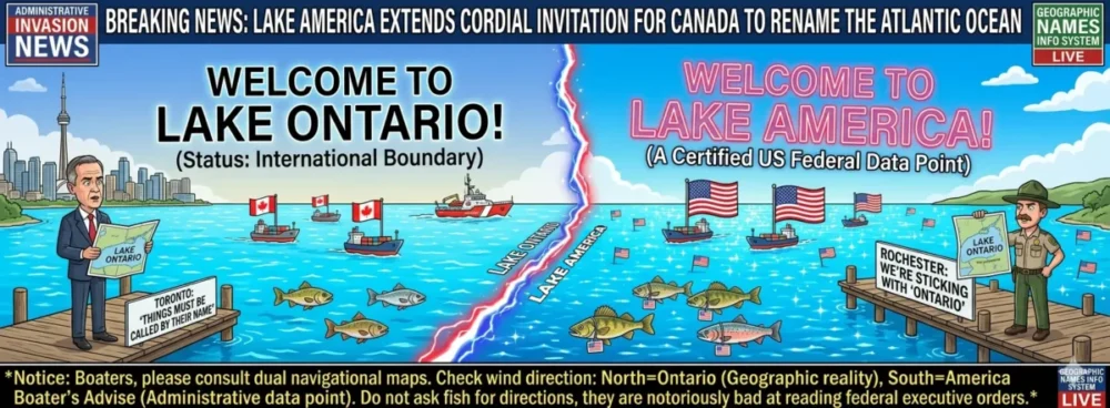 Political cartoon showing a divided Lake Ontario with Canadian and US flags, ships, and officials debating borders.