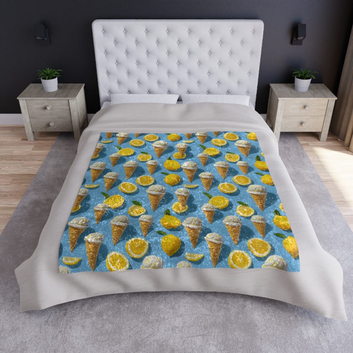 Blue all over print blanket featuring a seamless pattern of lemon ice cream cones and lemon slices.