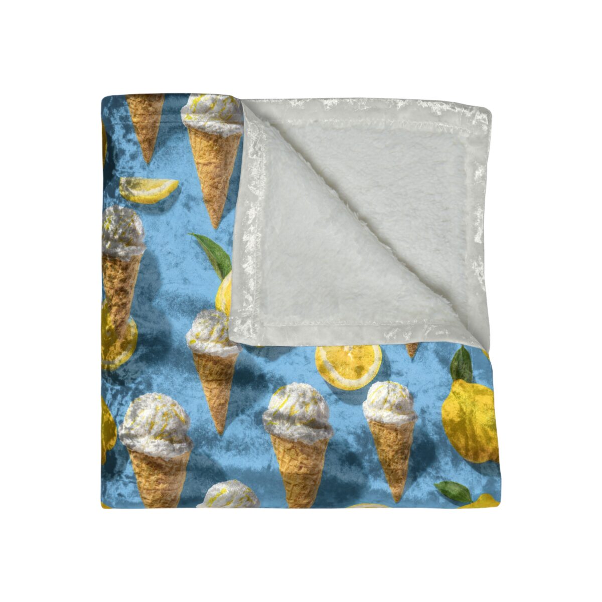 Blue blanket with all over print of lemon ice cream cones and sliced lemons.