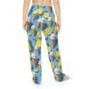 Blue all over print pajama pants featuring a seamless pattern of ice cream cones and lemon slices.