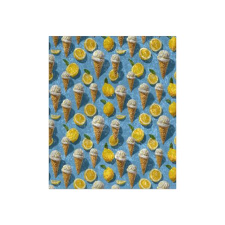 All over print women's sublimation tee featuring a repeating pattern of ice cream cones and lemon slices on a blue background.