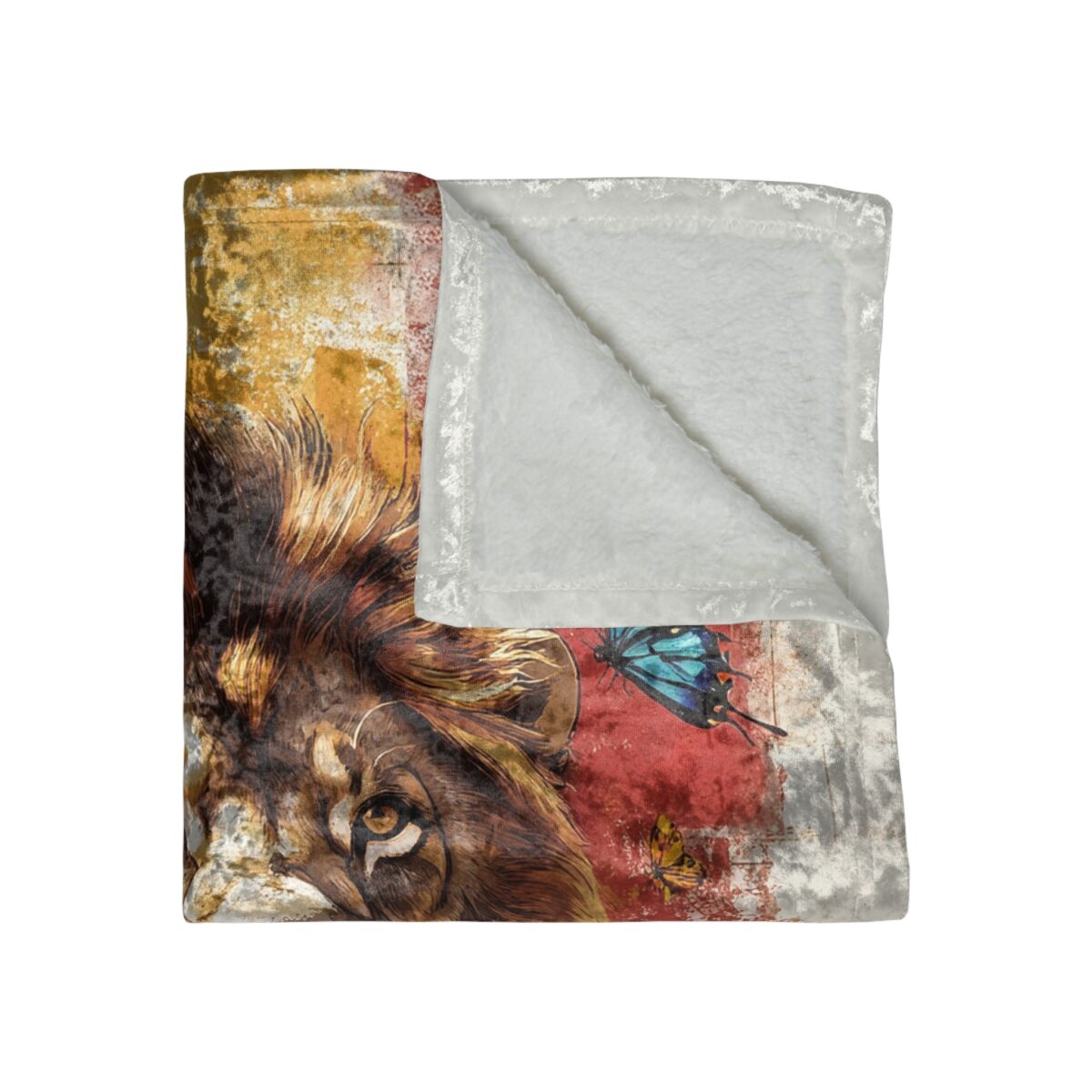Lion and blue butterfly graphic sublimation fleece blanket featuring a detailed distressed vintage pattern with warm color accents.