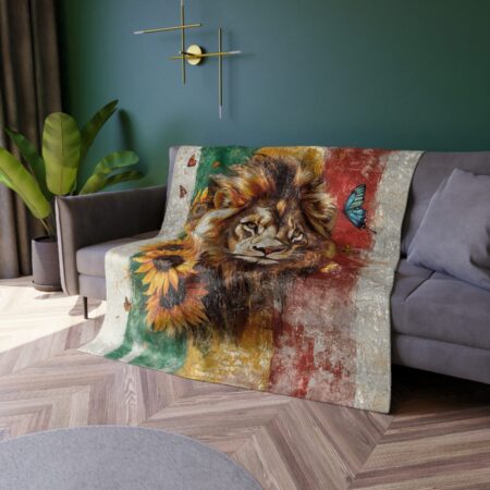 Lion, sunflower, and butterfly graphic throw blanket featuring a regal lion face with vibrant sunflowers and blue butterflies on a distressed, striped background.