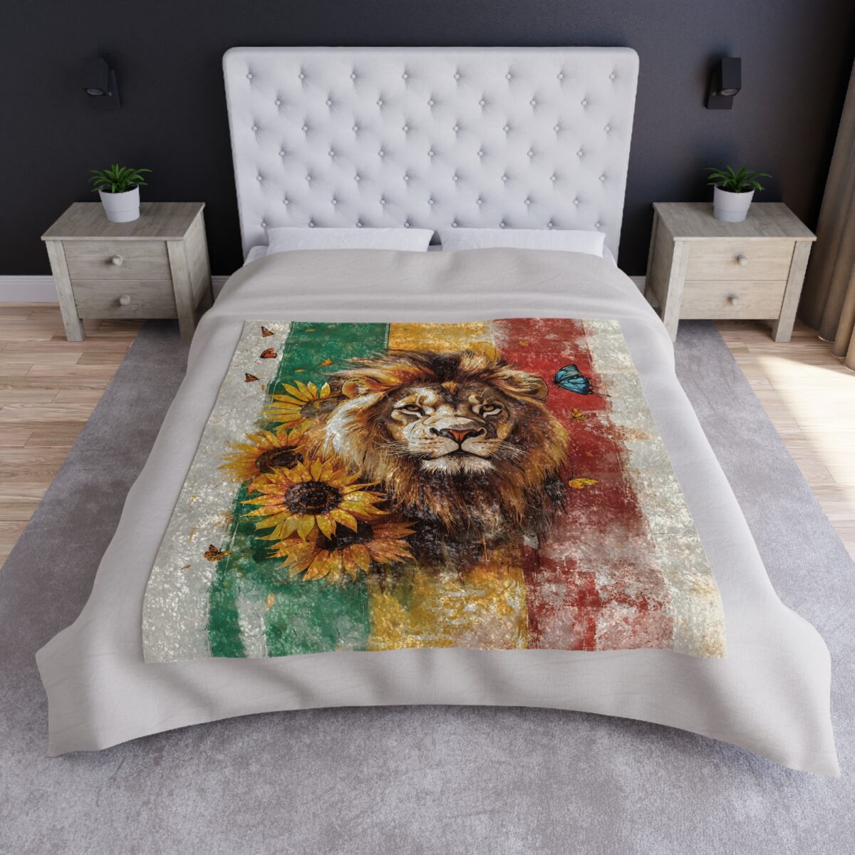 Lion face with sunflowers and butterflies on a Rasta striped blanket.