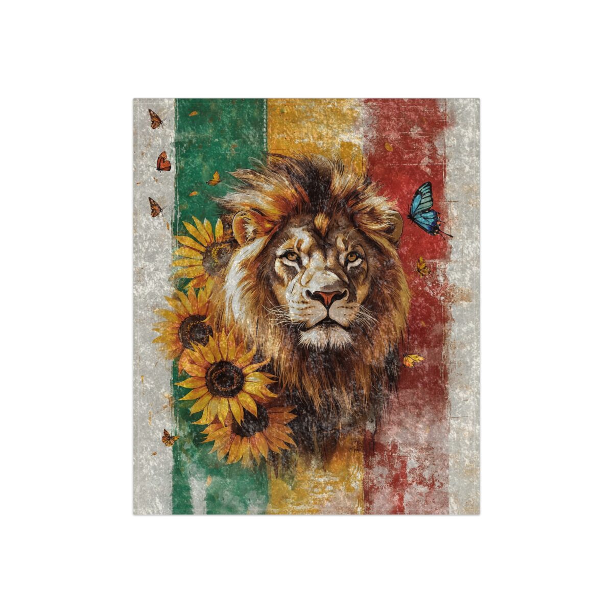 Majestic lion face with sunflowers and butterflies on a distressed vertical stripe background. Vibrant wildlife graphic.
