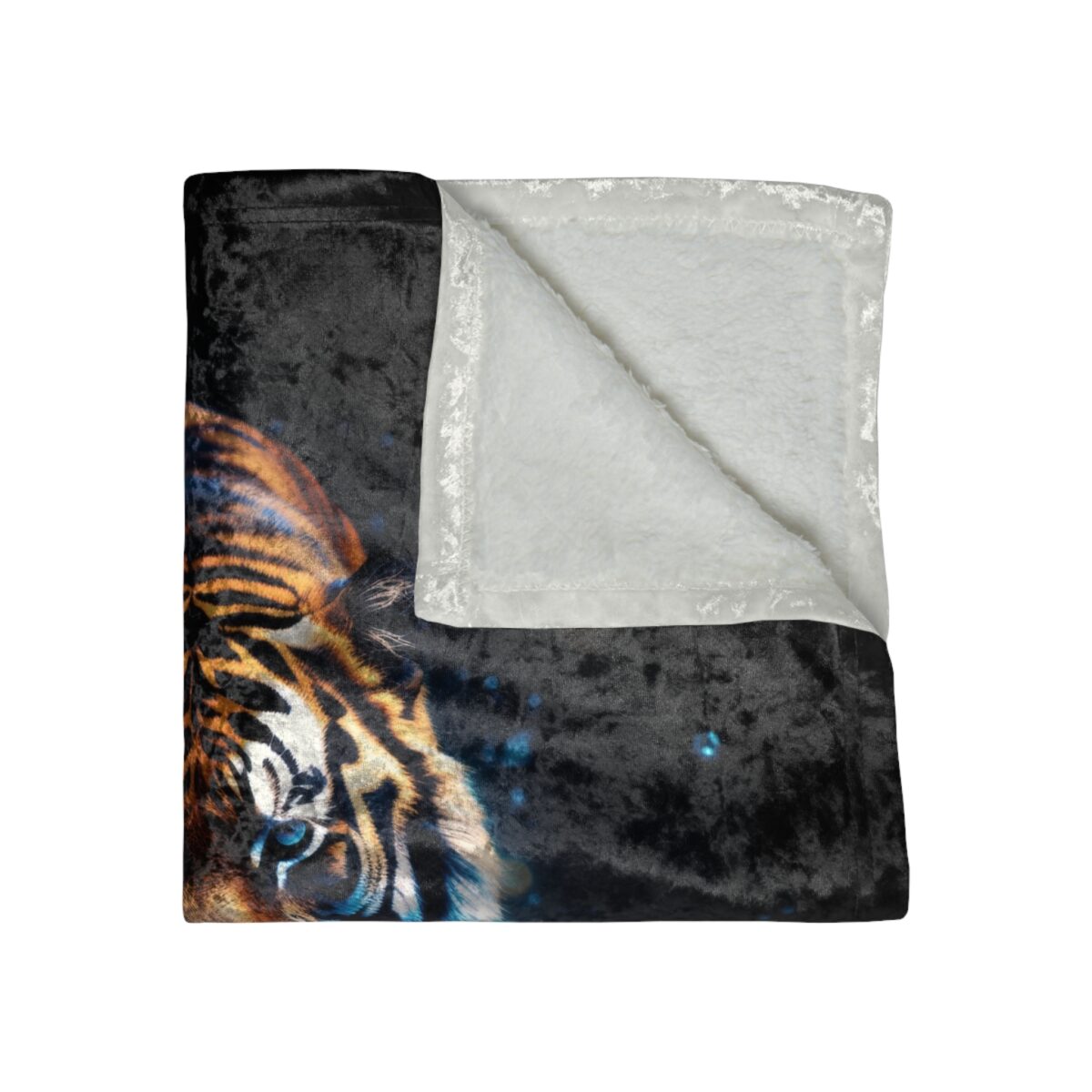 Plush blanket with a majestic tiger face and blue speckled background graphic.