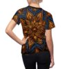 Women's sublimation tee featuring a vibrant mandala all over print with intricate gold, orange, and blue floral patterns.