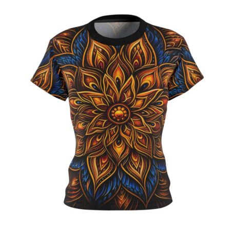 Vibrant orange, yellow, and blue mandala all over print women's sublimation tee with a seamless, intricate floral design.