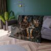 Mystic tiger with a woman in traditional attire, forest graphic all over print fleece blanket, seamless sublimation design.