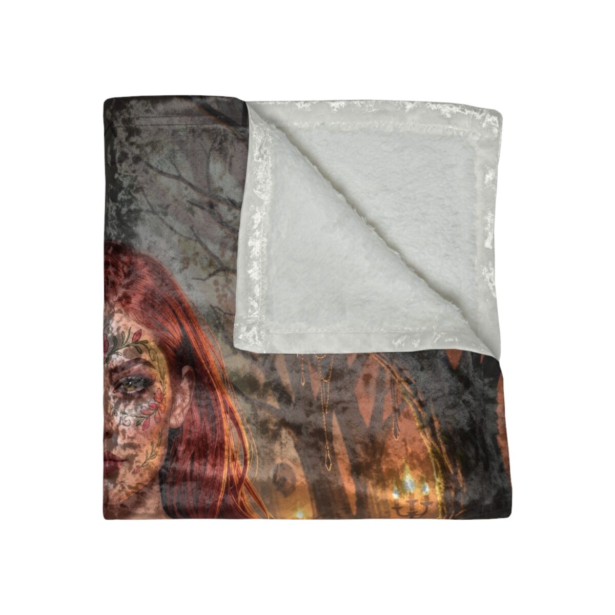 Mystic woman with floral face paint and long red hair. All over print fleece blanket design.