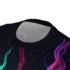 Black all over print sublimation tee featuring neon green, pink, and purple flames with orange sparks.