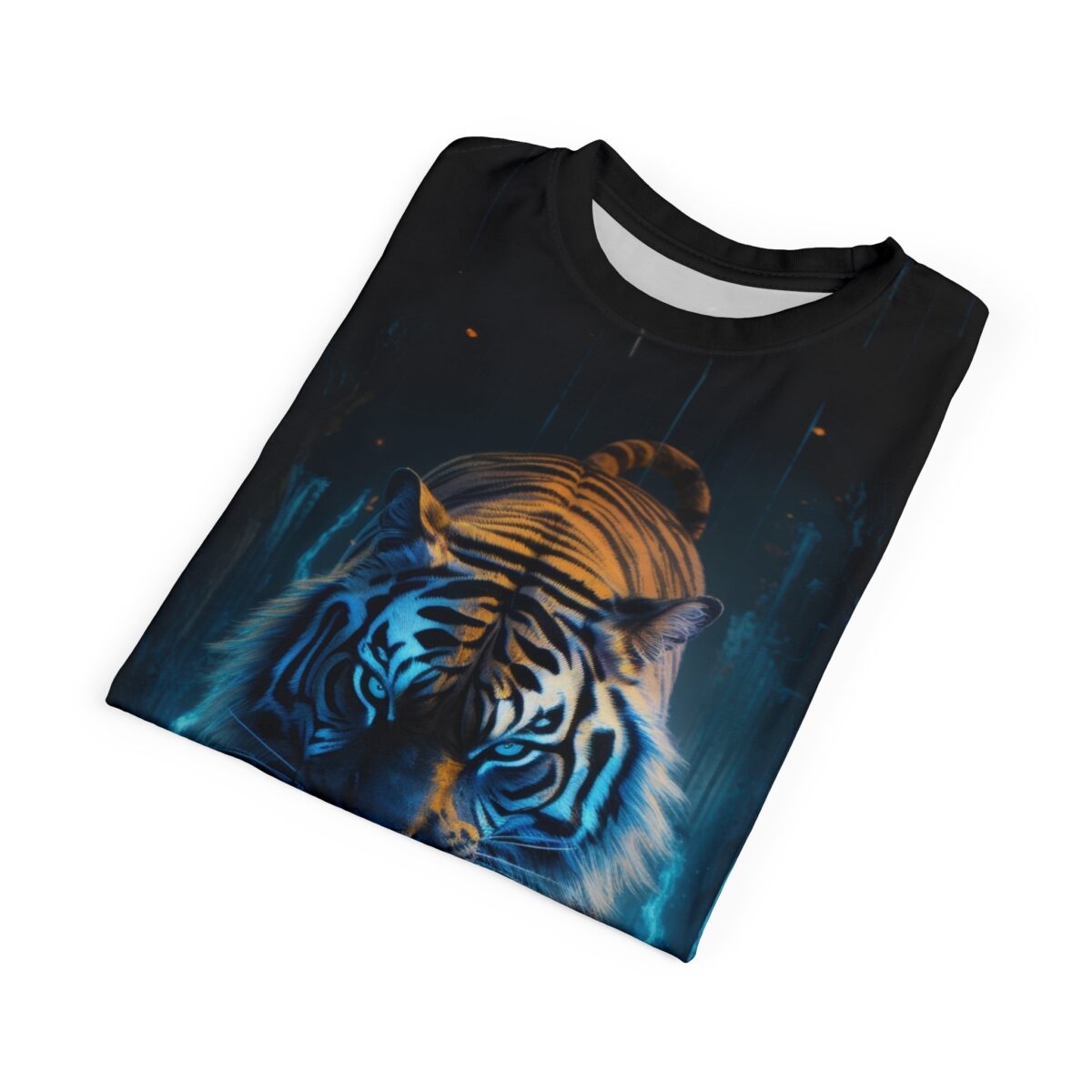 Cyber grunge all over print t-shirt featuring a close-up of a neon tiger face with glowing blue eyes and orange stripes on a dark background.