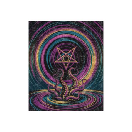 Dark trippy festival all over print sublimation tee featuring a kraken emerging from colorful concentric circles under a golden pentagram graphic.