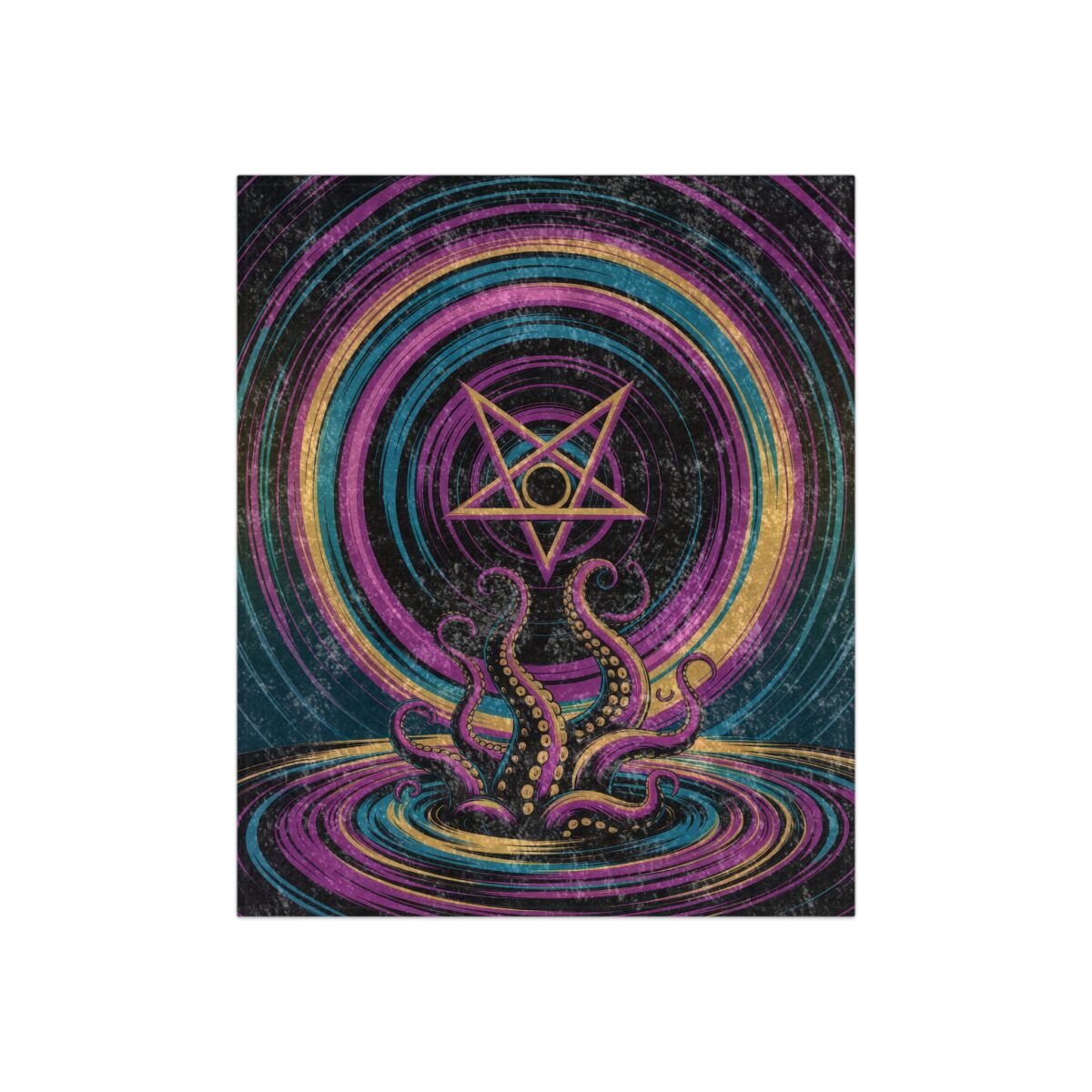 Dark trippy festival all over print sublimation tee featuring a kraken emerging from colorful concentric circles under a golden pentagram graphic.