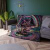 Abstract psychedelic swirl background with a kraken tentacle emerging, featuring a golden pentagram with an eye. Cozy throw blanket.